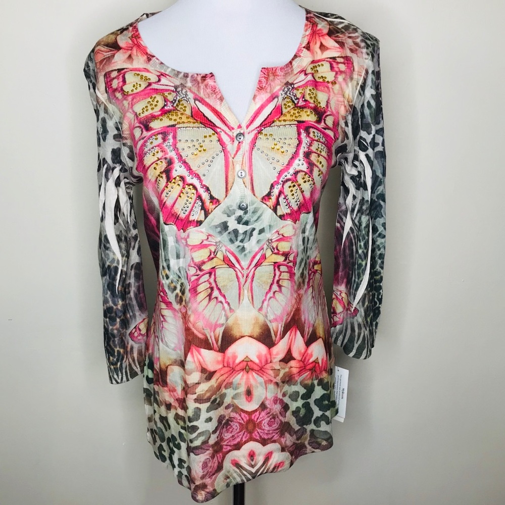 Style & Co Butterfly Leopard Boho Top Long‎ Sz S